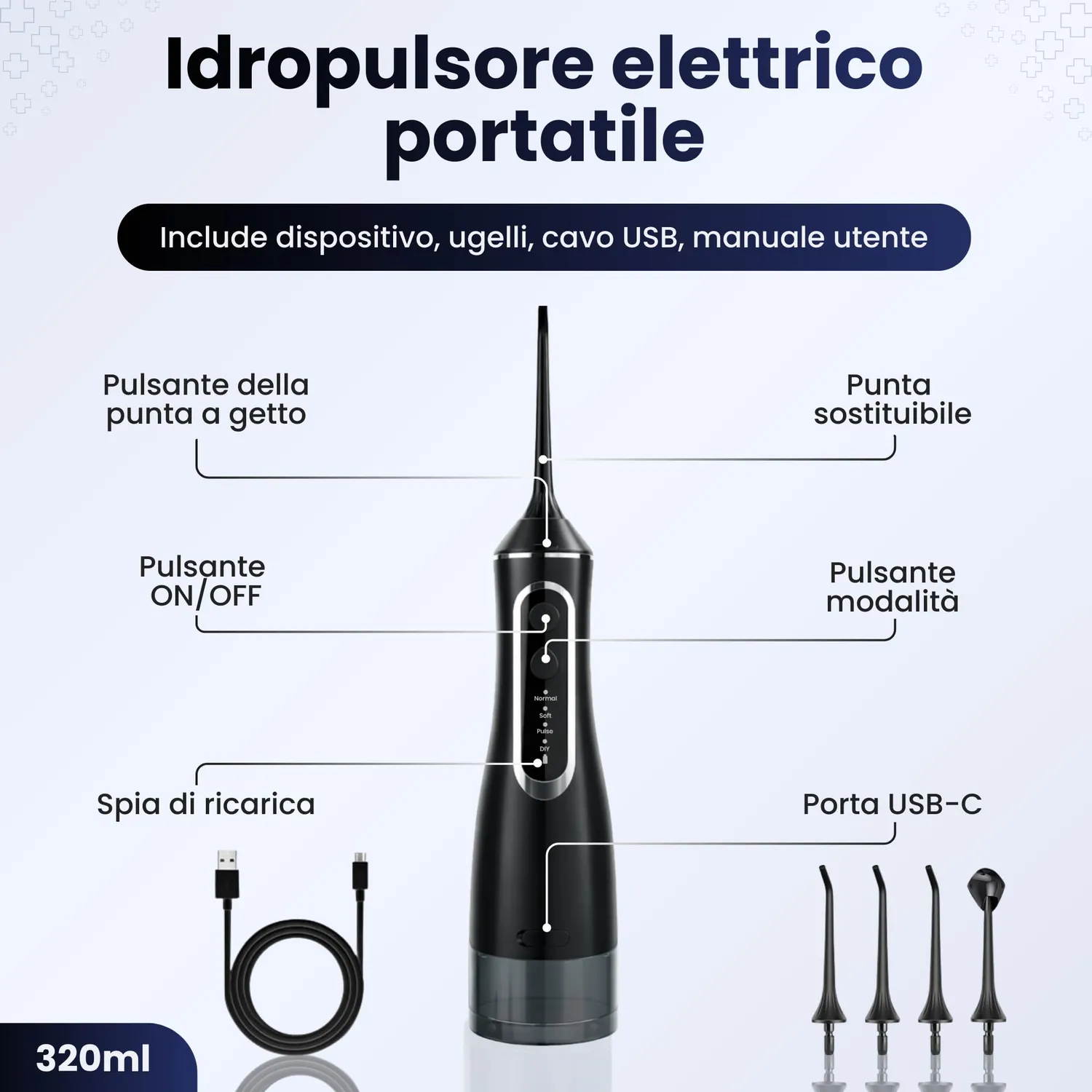 BeFit24 Water Flosser 320ml idropulsore portatile 4 modi